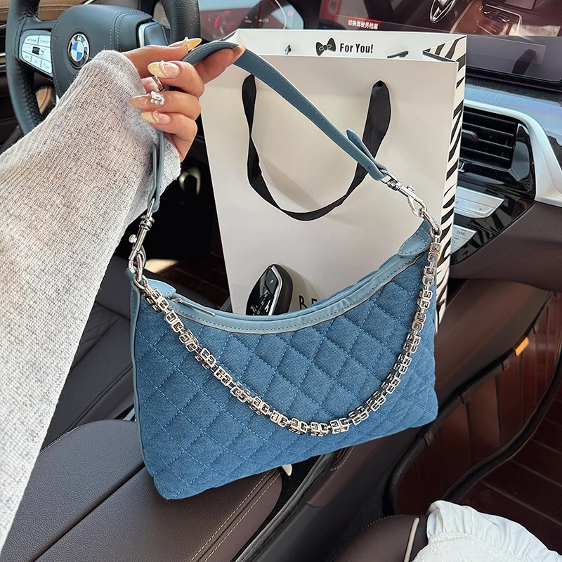 

Fashion Chain Shoulder Bag For Women French Style Underarm Shopper Purse Sling Armpit Tote Brand Quilted Denim Crossbody Bag