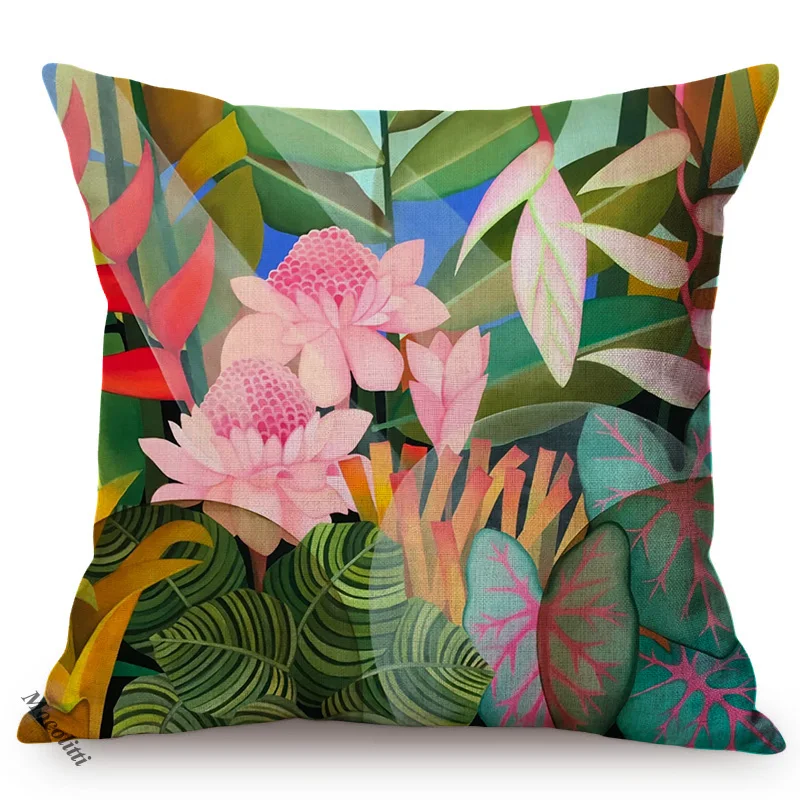 Multicolor Morning Blooms Tropical Plant Style Sofa Decorative Throw Pillow Case Golden Lotus Luxury Chair Cushion Cover Cojines