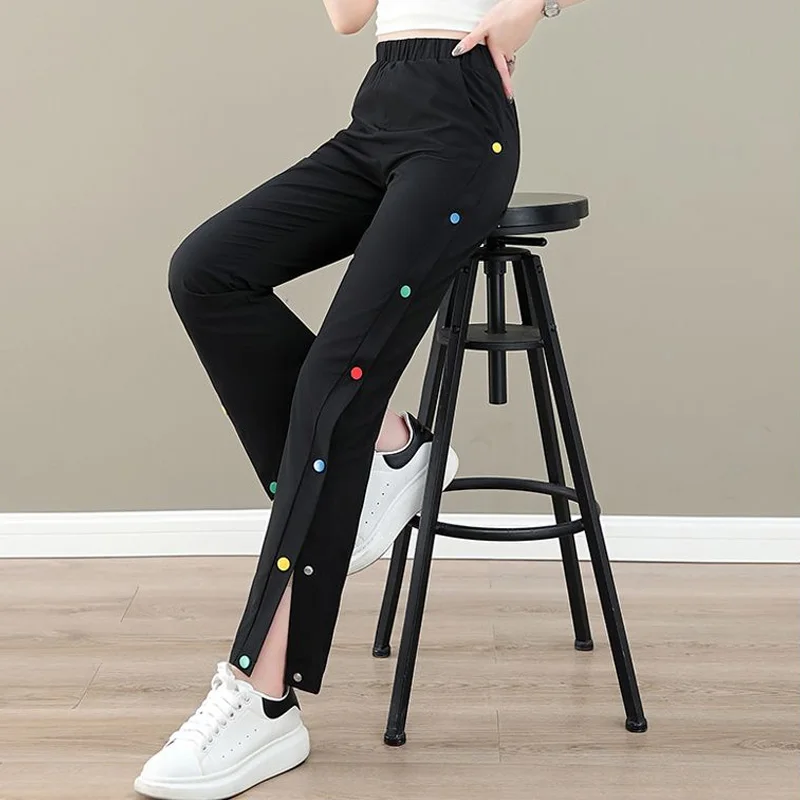 

2023 New Summer Fashion Trend Quick Drying Sports High Waist Slim Panel Pocket Side Button Casual Women's Slim Fit Pants