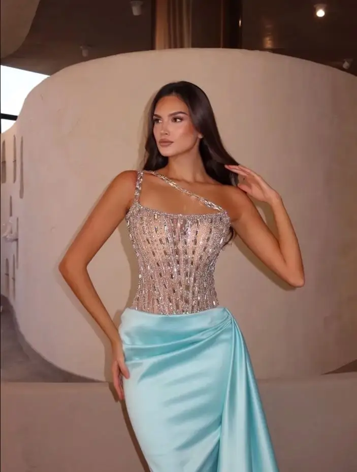 Vestidos de Noche personalizados, vestido de fiesta de un hombro, vestido de fiesta de sirena de cristal, tren desmontable, Vestidos de noche con diamantes de imitación