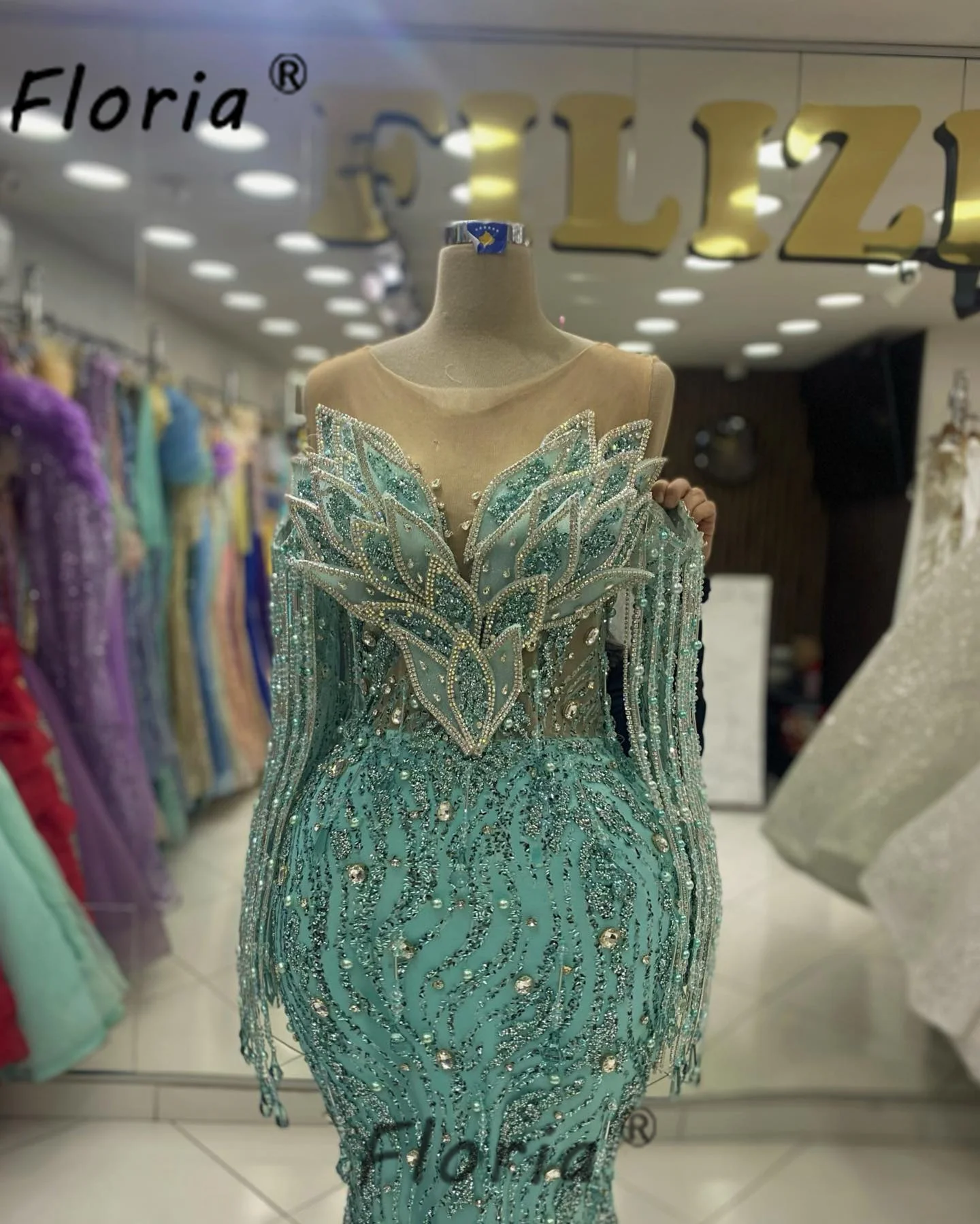 Luxury Mint Green Mermaid Evening Dresses with Tassel Off Shoulder Beaded Crystal 3D Leaves Wedding Party Dress Celebrity Gowns