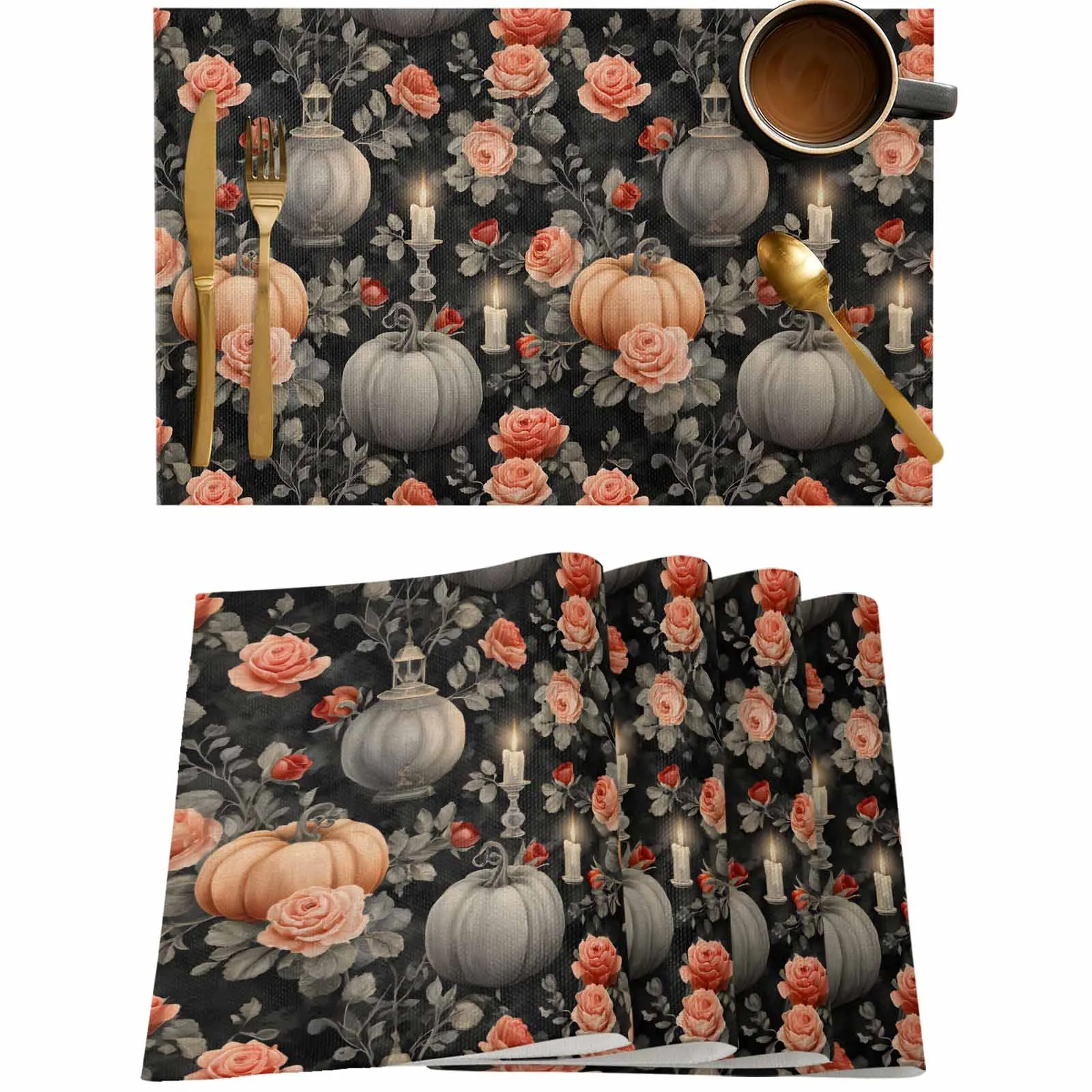 

4/6 Pcs Retro Rose Candle Pumpkin Placemat Wedding Party Dining Decor Linen Table Mat Kitchen Accessories