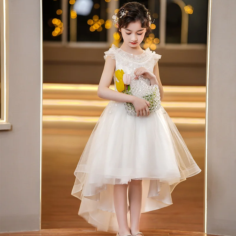 Summer girls' high-low hem flower girl dress, piano ballet performance dress, tailed princess dress, children's dress