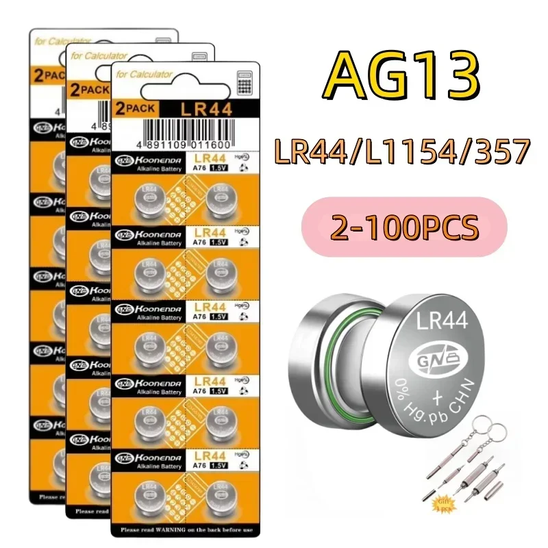 

2-100 PCS LR44 Battery AG13 357 303 SR44 L1154F A76 Button Coin Cell Batteries for Watches Blood Glucose Meter Toys Music Books