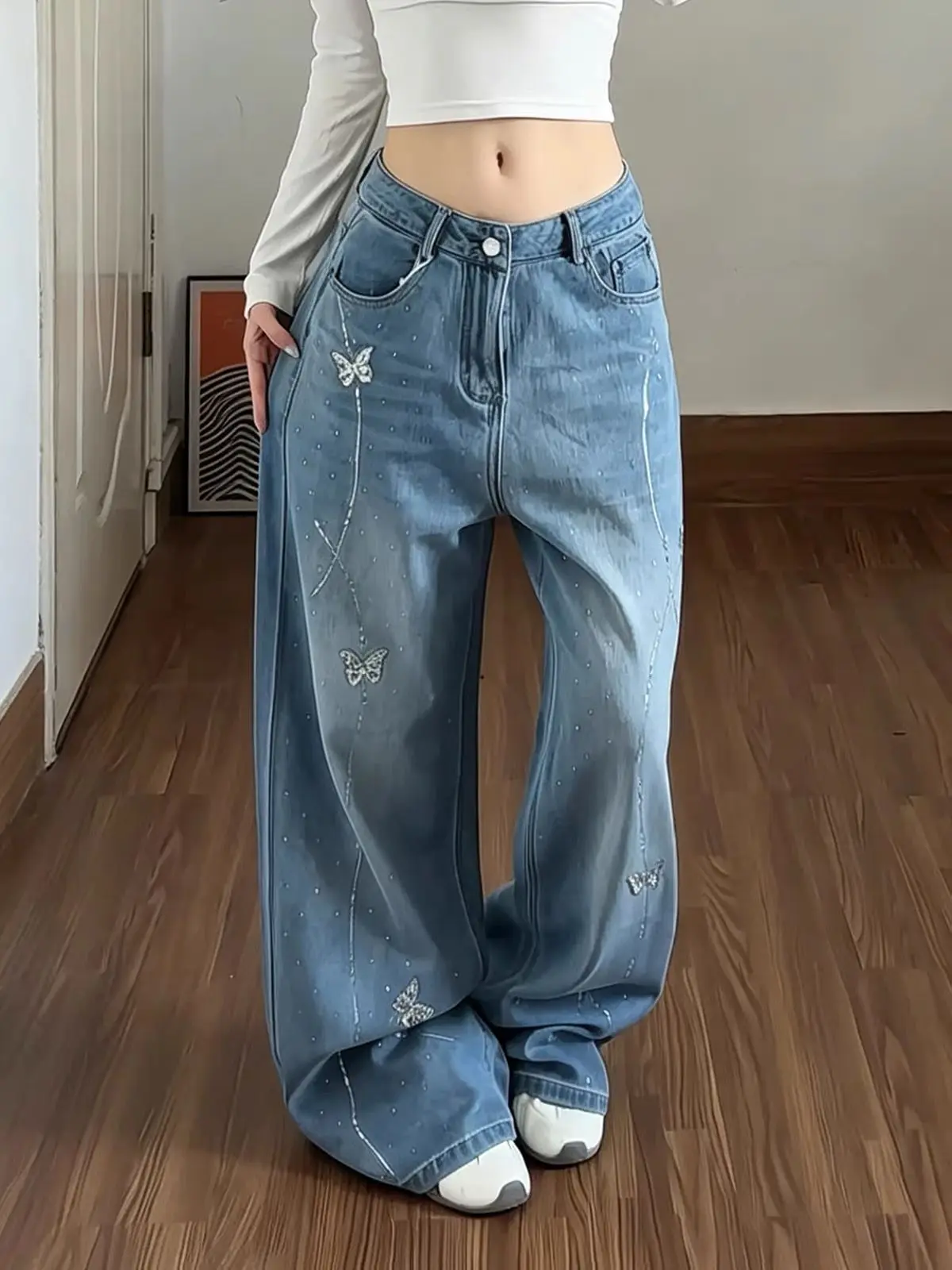 Stylish Butterfly Rhinestone Denim Pants for Women 2026 New Style Vintage Mid Waist Loose Wide Leg Jeans Casual Trousers