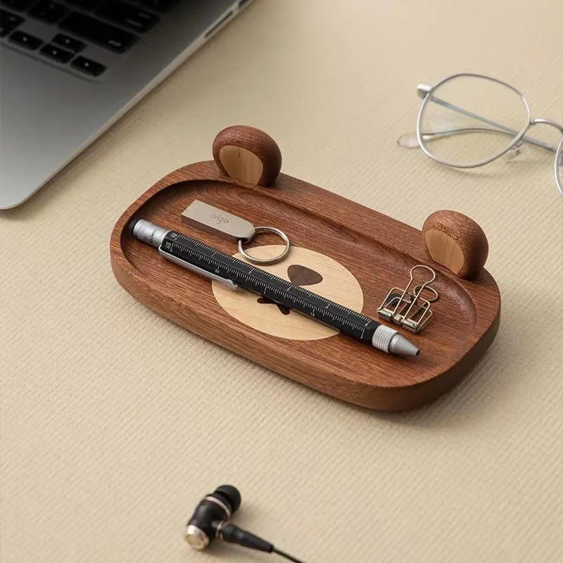 Bandeja de oso de madera maciza en miniatura, adorno, accesorios de escritorio para oficina, bandeja de almacenamiento varios de madera, decoración para el hogar, Gif de vacaciones