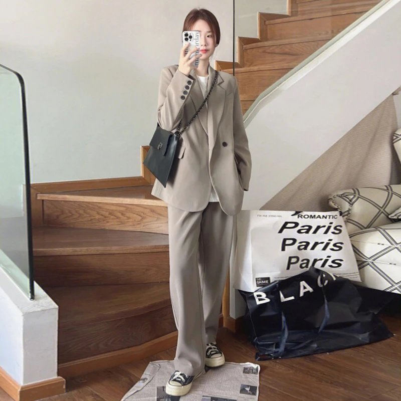 

OL Lady Casual Leisure Suit Two-Piece Set Autumn Winter Loose Suit Jacket High Waist Wide Leg Pants Two-Piece Set Fashionable