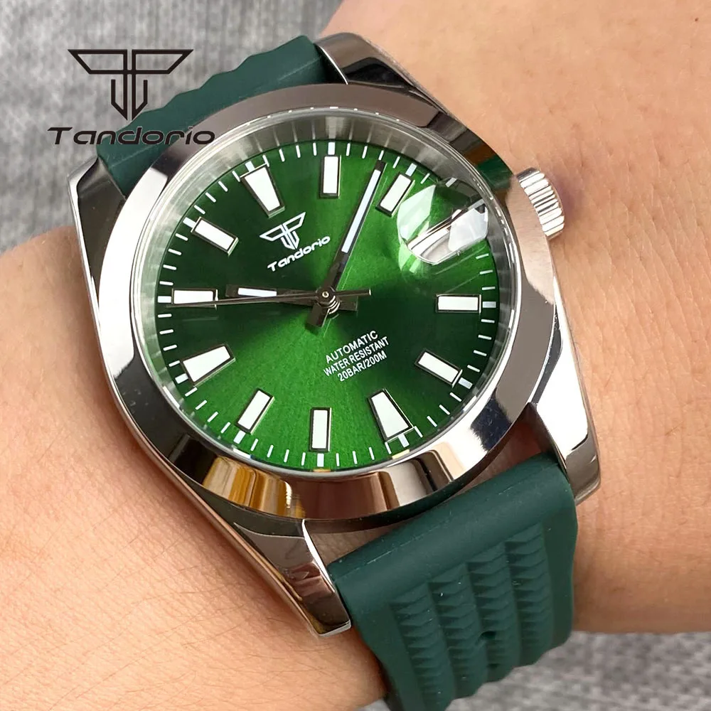 Tandorio NH35A Date Polished 36mm/39mm Automatic Watch for Men Sunburst Dial Rubber Strap Green Luminous Screw Crown