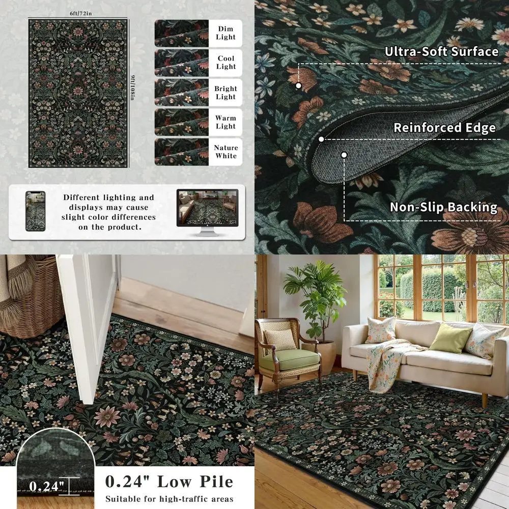 

Black Bohemian 6x9 Rug, Soft Low Pile, Stain-Resistant, Non-Slip and Shedding-Free for Living Spaces, Bedrooms, Dining Areas, Of