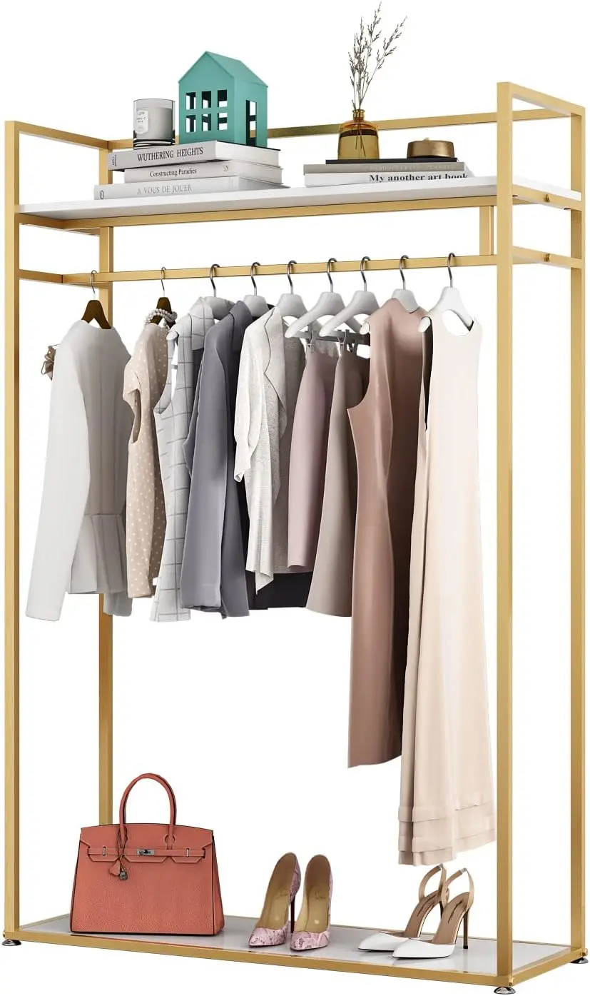 Heavy Duty Clothing Rack with Shelves for Hanging Clothing Gold Metal Freestanding Garment Rack for Retail Display 59