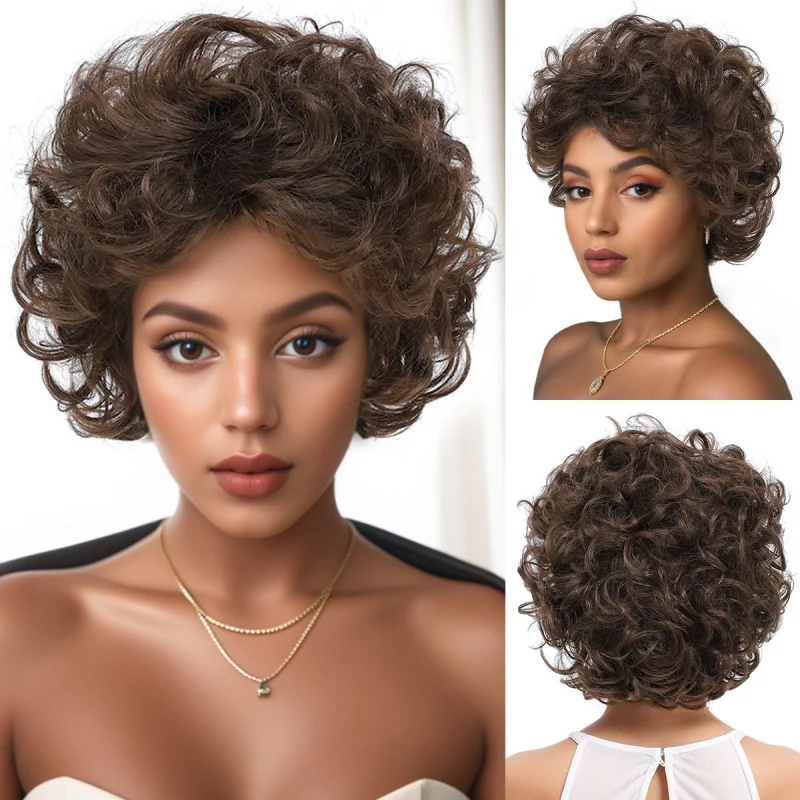 European American fashion , fluffy and messy, Rui Li bob style, brown short curly wig