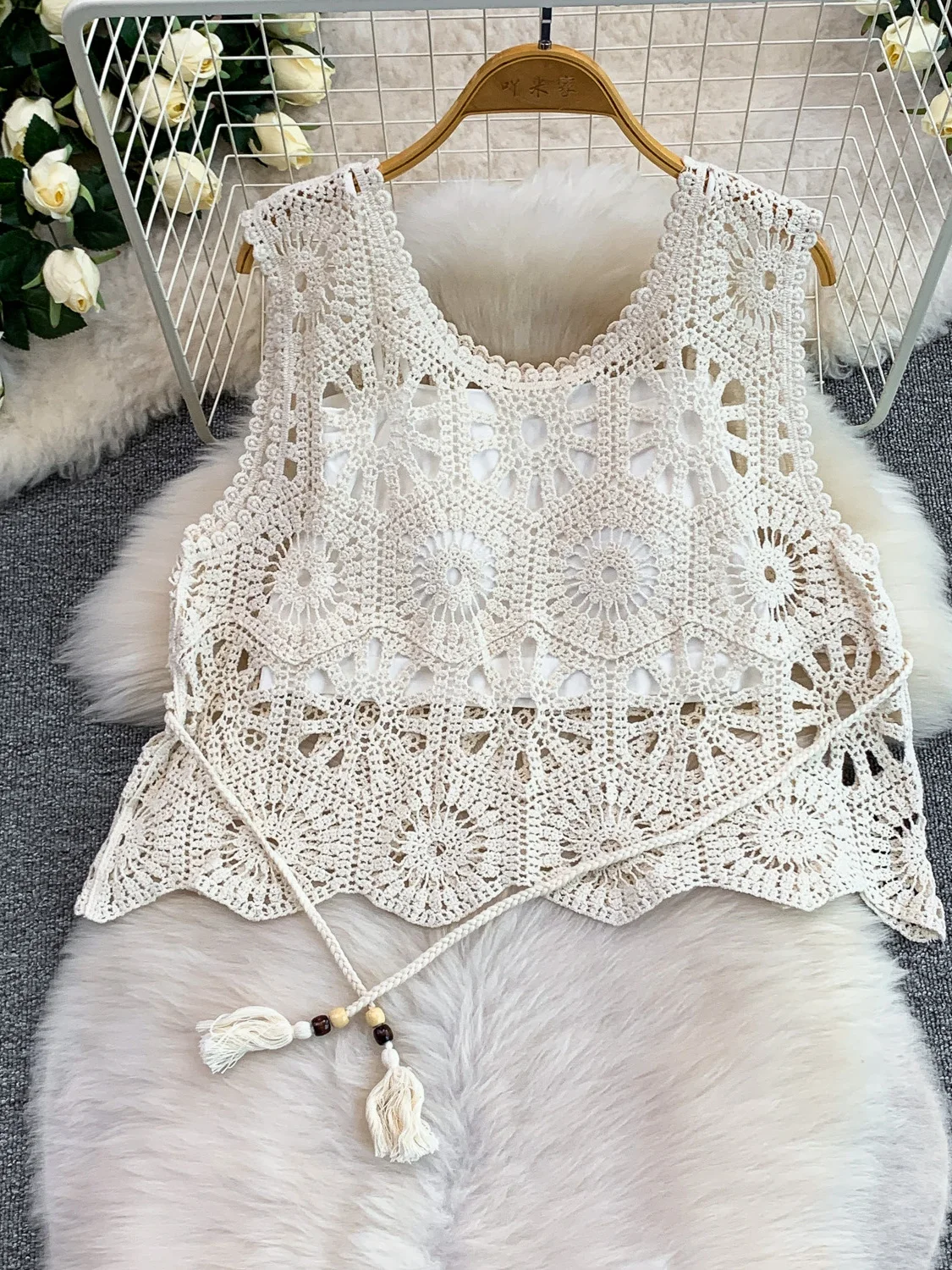 Sweet Summer Vacation Style Knitted Hollow out Top with Chest Pad Three Piece Set High Waist Cake Skirt V Neck Sleeveless
