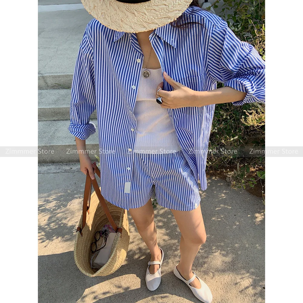 

High quality! 2024 spring and summer new loose fashionable silhouette shoulder pads cotton striped shirt + shorts set!