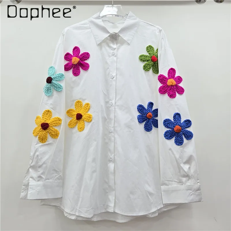 

European Station Autumn Fashion Retro Color Three-dimensional Knitted Flower Shirt Women Loose Long Sleeve Mid-length Shirt Tide