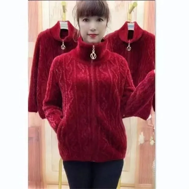 New Middle Aged Elderly Mother Imitation Mink Velvet Coat Women Autumn Winter Thicken Knitted Cardigan Sweater Female Knitwear