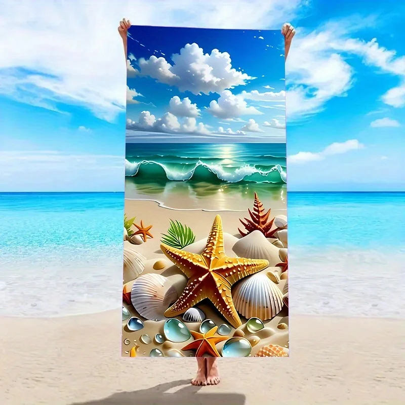 Ocean Life Art Beach Towel, Starfish and Shell Cartoon Design Quick-Dry Sand-Free Microfiber Bath Towel for Pool and Bathroom