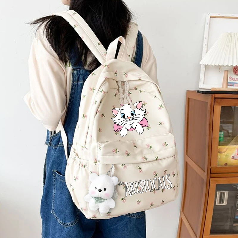 

Marie Cat Student School Backpack Floral White School Bags For Teenage Girls Women's Backpack Book Bag Nylon Rucksack
