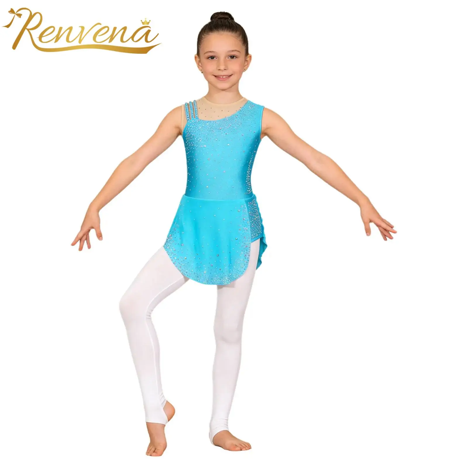 Kids Sleeveless Sparkling Rhinestone Ballet Tutu Dress Stage Costume for Girls Rhythmic Gymnastics Leotard Figure Skating Dress