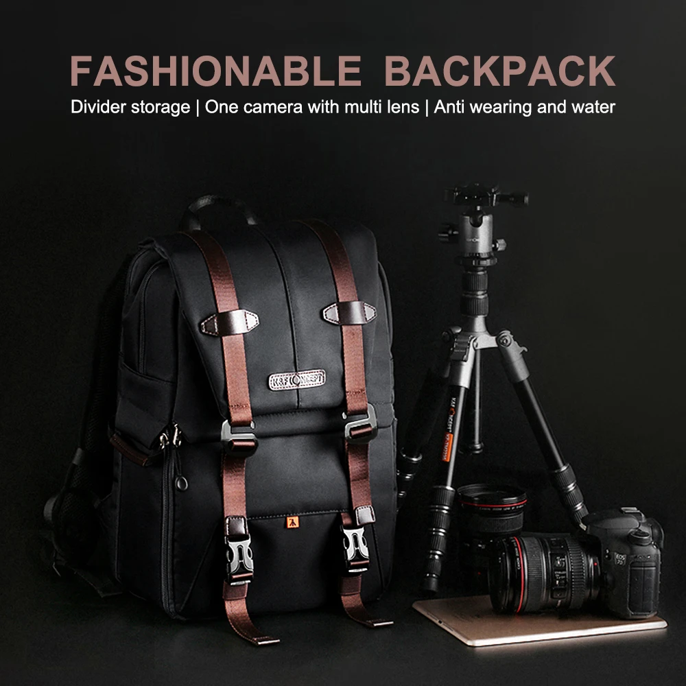 K&F CONCEPT Camera Backpack Photography Backpack with Rainproof Cover Tripod Catch Straps for 15.6in Laptop And SLR DSLR