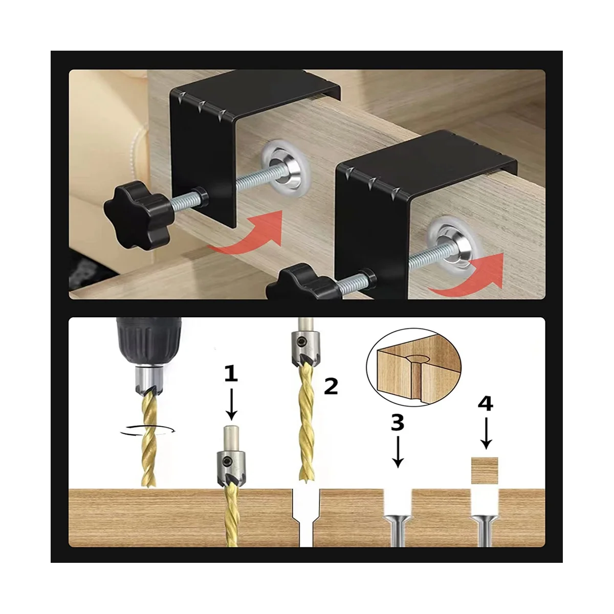 4Pcs Universal Cabinet Hardware C Clamp with Countersink Drill Bits Set, for Woodworking Cabinet Door Installation Pulls