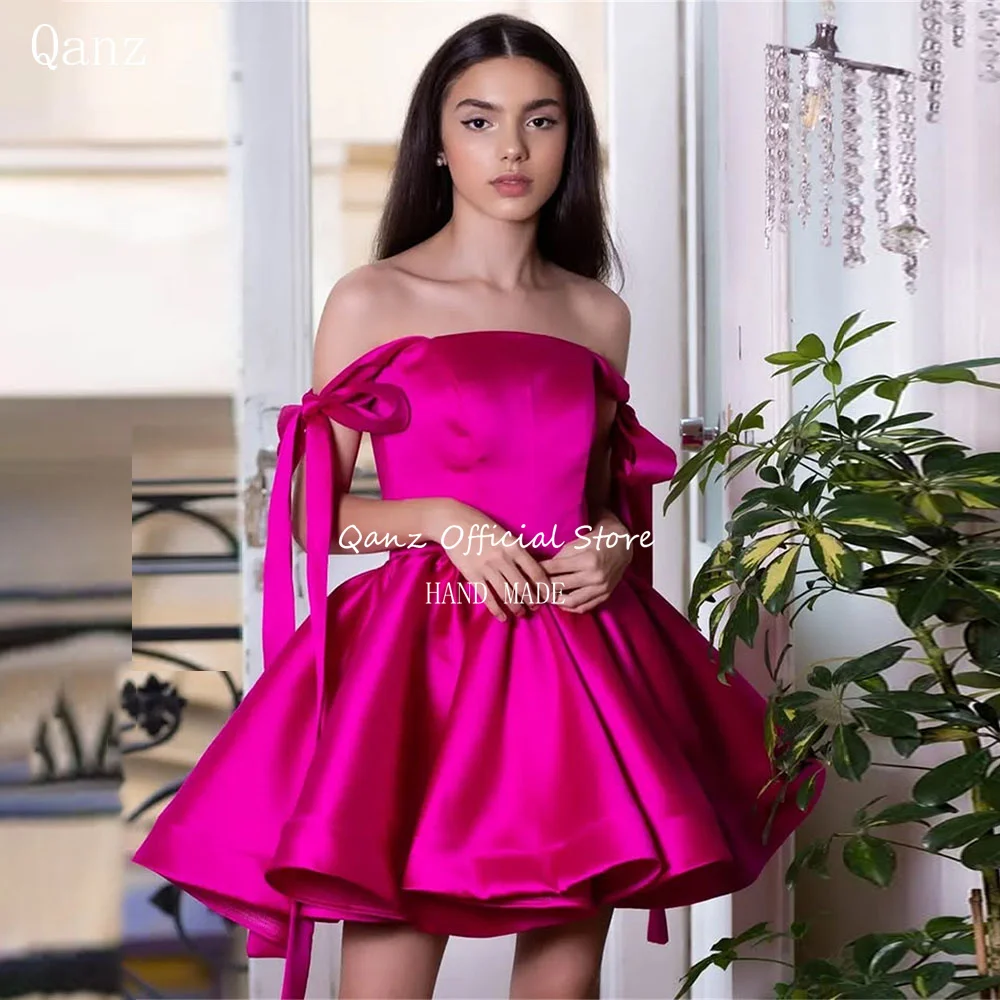 Qanz Fuchsia Short Graduation Dresses Strapless Mini A Line Satin Homecoming Dresses Lace Up Back Vestidos De Fiesta Customized