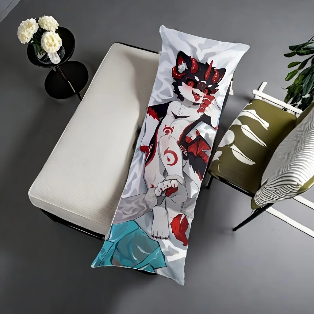 1 Charming Anime Wolf Character Long Pillowcase - High-Definition Digital Print, Hypoallergenic Polyester, Machine Washable, wit
