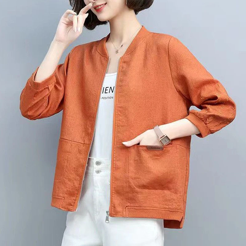 Women Korean Simple Casual Loose Baseball Jackets Autumn Solid 3/4 Sleeve Pockets Zipper Cardigan Coats Female Cotton Linen Tops