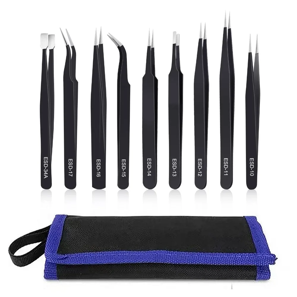 

6/9 Pack ESD Anti-static Precision Stainless Steel Tweezers for Industrial Repair Home Work Electronic Welding with Storage Bag