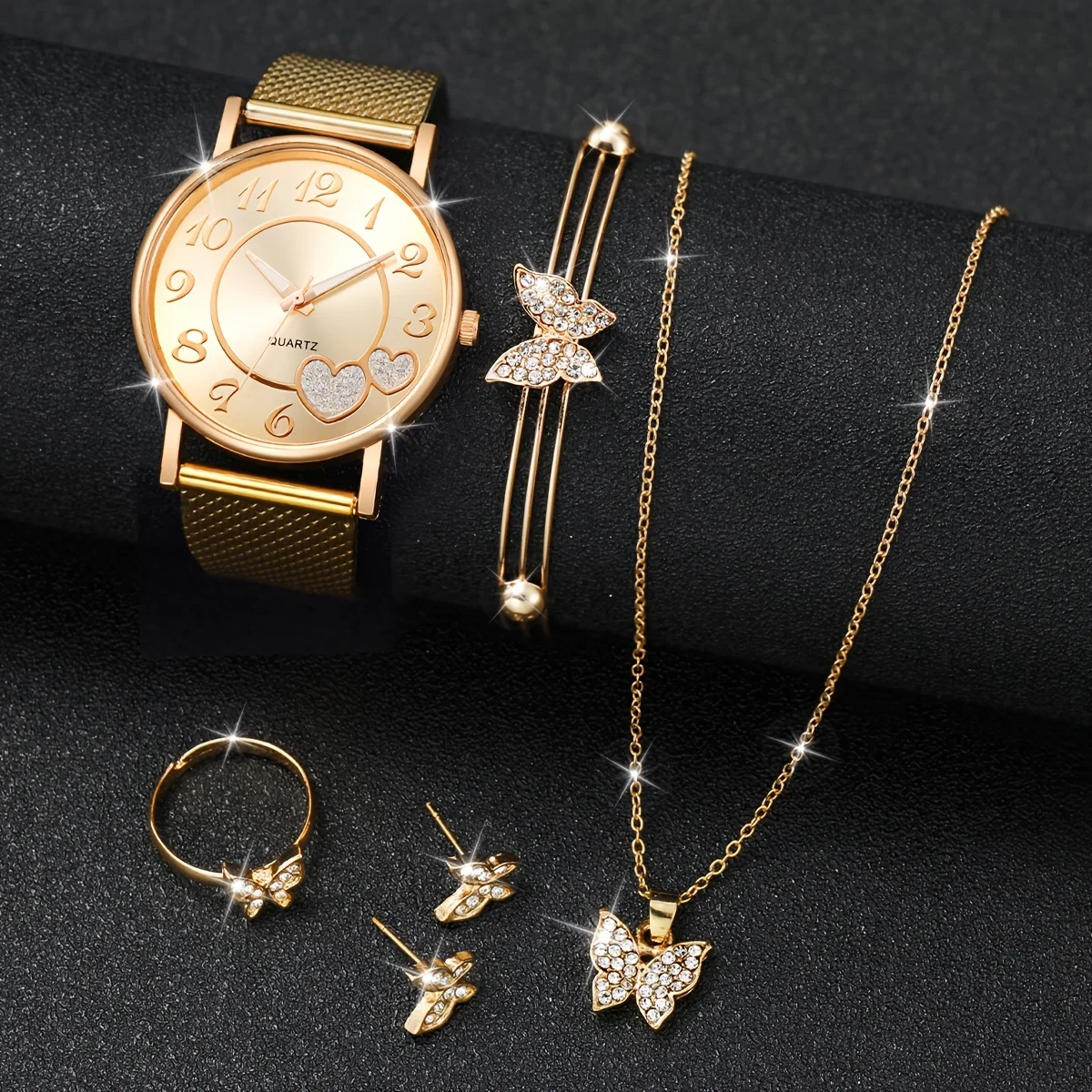 6PCS/Set Fashion Heart Women\'s Watch Plastic Band Analog Golden Quartz Watches Butterfly Jewelry Set(Without Box)