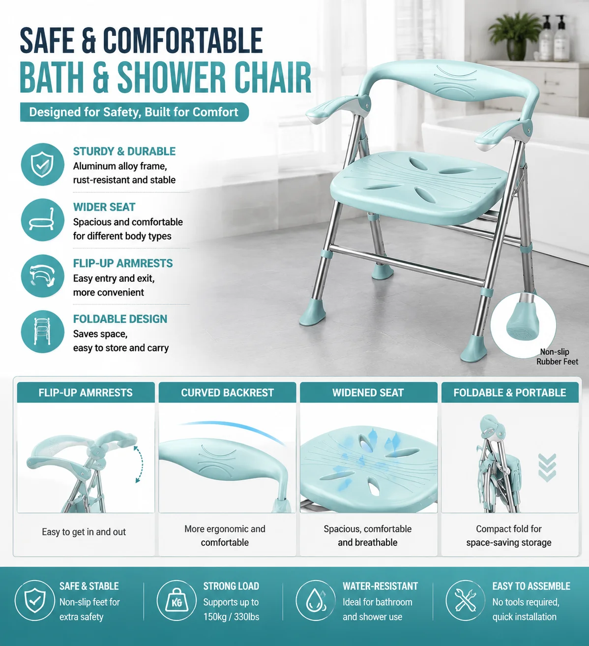 Folding Shower Chair, Aluminum Alloy, Non-Slip Bathroom Safety Seat, 150kg Capacity, Elderly Care, Nursing Home Use
