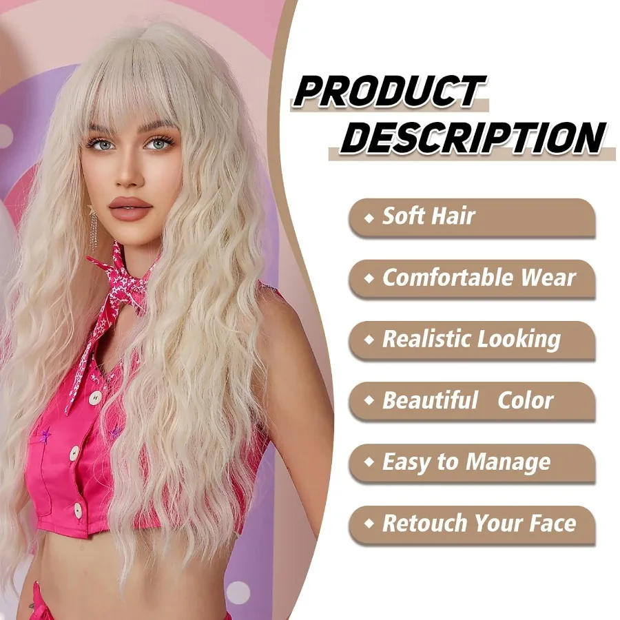 طويل البلاتين شقراء مجعد بيروكات صناعية مع الانفجارات للنساء والفتيات ألياف مقاومة للحرارة متموجة الأبيض قطع الشعر للحزب D #2