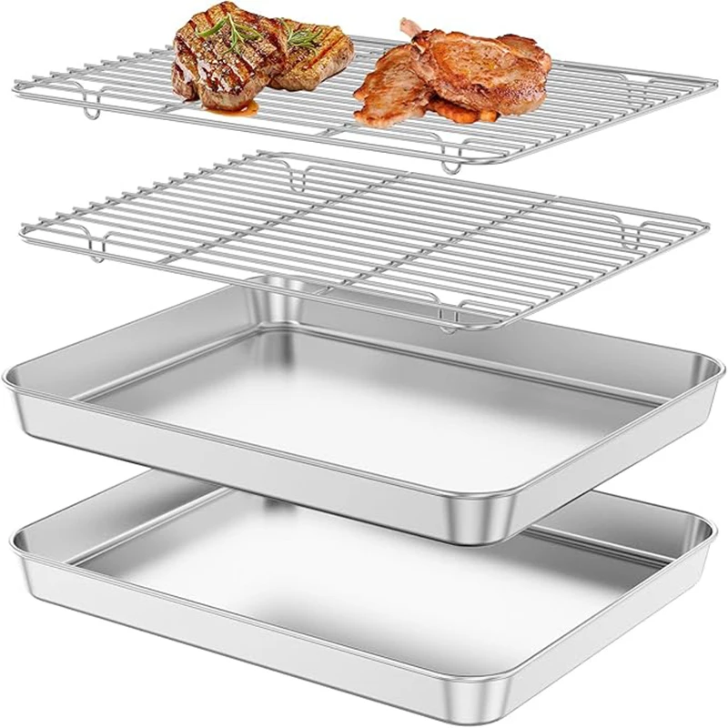 Stainless Steel Baking Pan Tray With Wire Rack Cake Baking BBQ Pan Tray Plate Oven Brownie Rack Cooking Roasting Grilling Tool