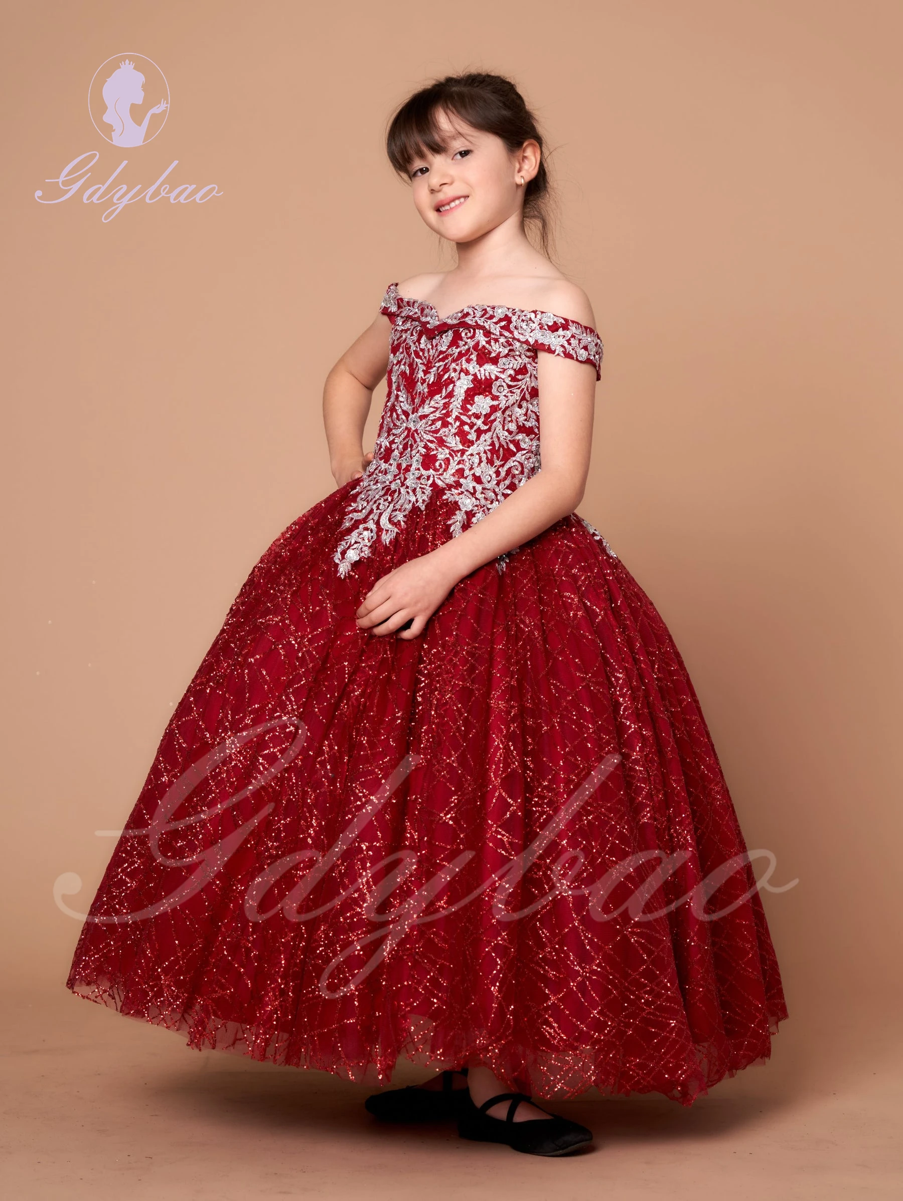 

Red Shining Flower Girl Dress For Wedding Off Shoulder Lace Tulle Puffy Baby Kids Birthday Party Ball First Communion Gowns