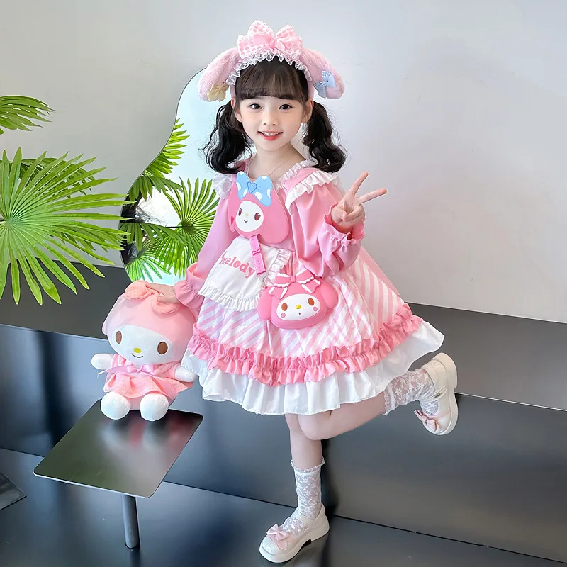 ! 2024 New Pink Melody Kuromi Dress Girls Fashion Children Cute Go Out Autumn Cosplay Dress Girls Spring Autumn Dress Girls