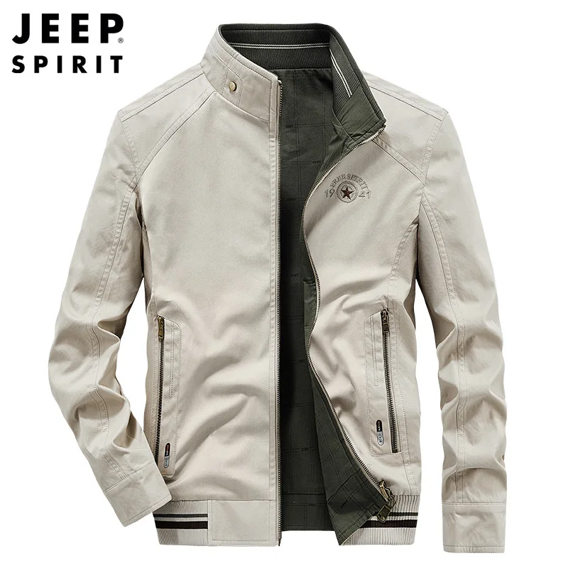 JEEP SPIRIT Men Fashion Urban Double Sided Jacket Autumn New Mens Casual Cotton Solid Coat Stand Collar Business Slim Fit Jacket