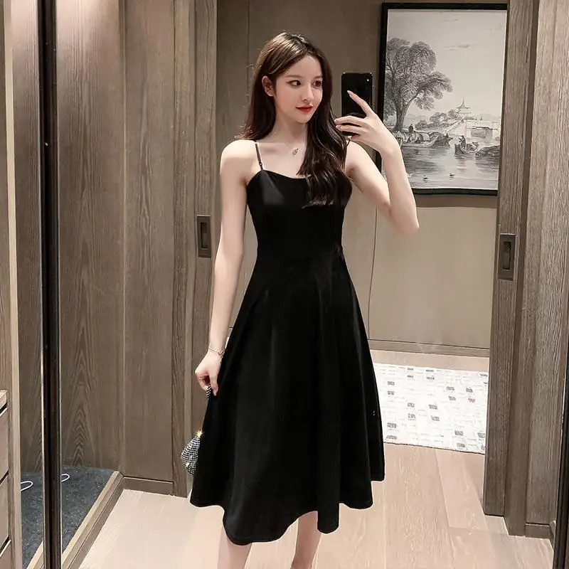 Saia suspensa preta, vestido curto francês para mulheres, camada interna de alta qualidade, base pequena, saia preta de comprimento médio