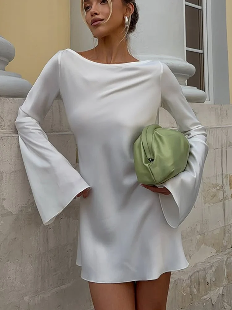 Tossy Damen Satin-Minikleid mit Langen Ärmeln, Bootsausschnitt, Satin-Ärmeln, Rückenfreies Cocktailkleid mit Bindung, Figurbetontes Einfarbiges Kleid