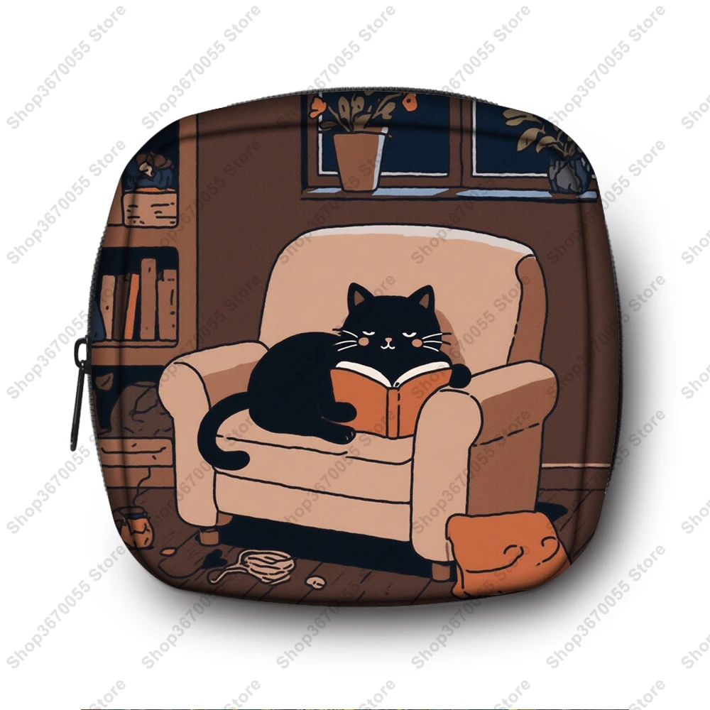 Kawaii Sofa Cat Print Cosmetic Case Women Sanitary Pad Storage Bag Napkin Organizer Lipstick Card Holder Portable Makeup Bags