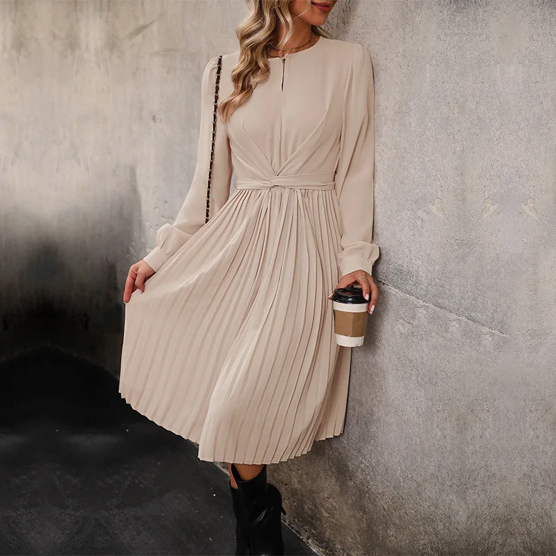 Spring Autumn New Fashion Women’s Solid Color Elegant Casual Trendy Pleated Mid Calf Length Simple Basic Dresses Female Clothes