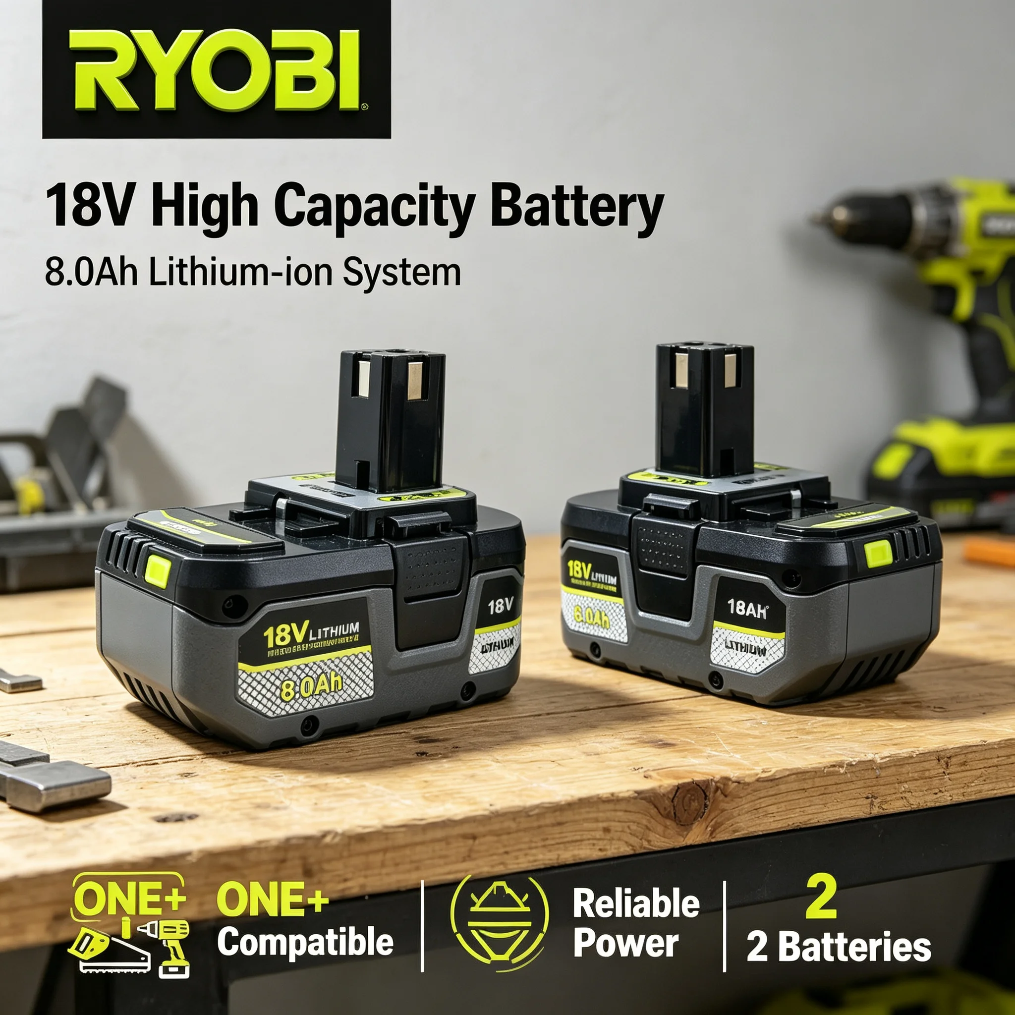 RYOBI PBP1008 18V ONE+ 8Ah High Performance Lithium Battery, INTELLICELL Protection for Job Site Angle Grinder Cutting Tools