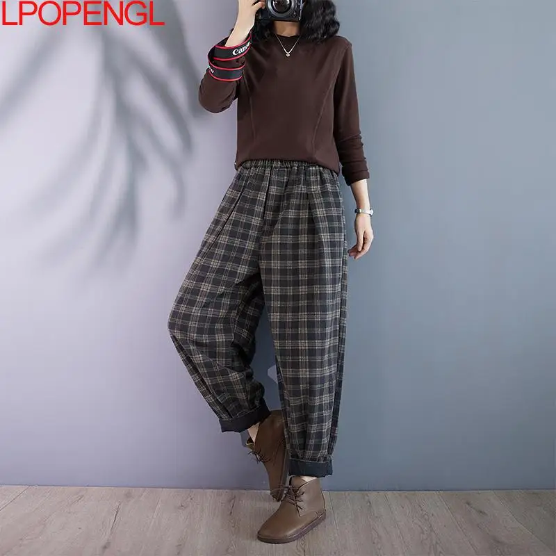 New Fashion Retro Plaid Straight Elastic Waist Jeans Women\'s Autumn Versatile Streetwear Harem Pants Casual High Waist Trousers