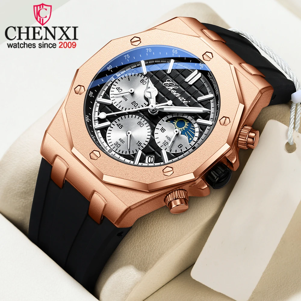 CHENXI ساعة كوارتز رياضية كرونوغراف فاخرة للرجال مقاومة للماء بحزام سيليكون مضيء موضة Relogio Masculino للرجال