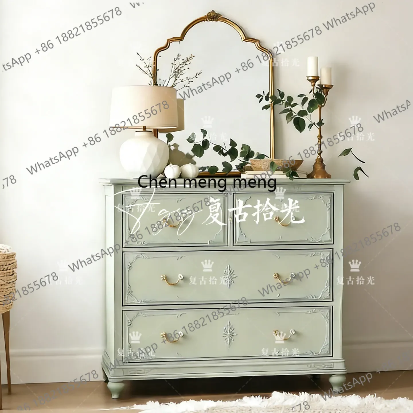 CC182 French retro carved four-chest cabinet, solid wood porch cabinet, drawer storage cabinet