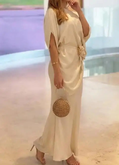 Women's Bat Sleeve Asymmetric Hem Top and High Waist Side Zipper Mermaid Hem Long Dress Set Elegant Satin Evening Dress