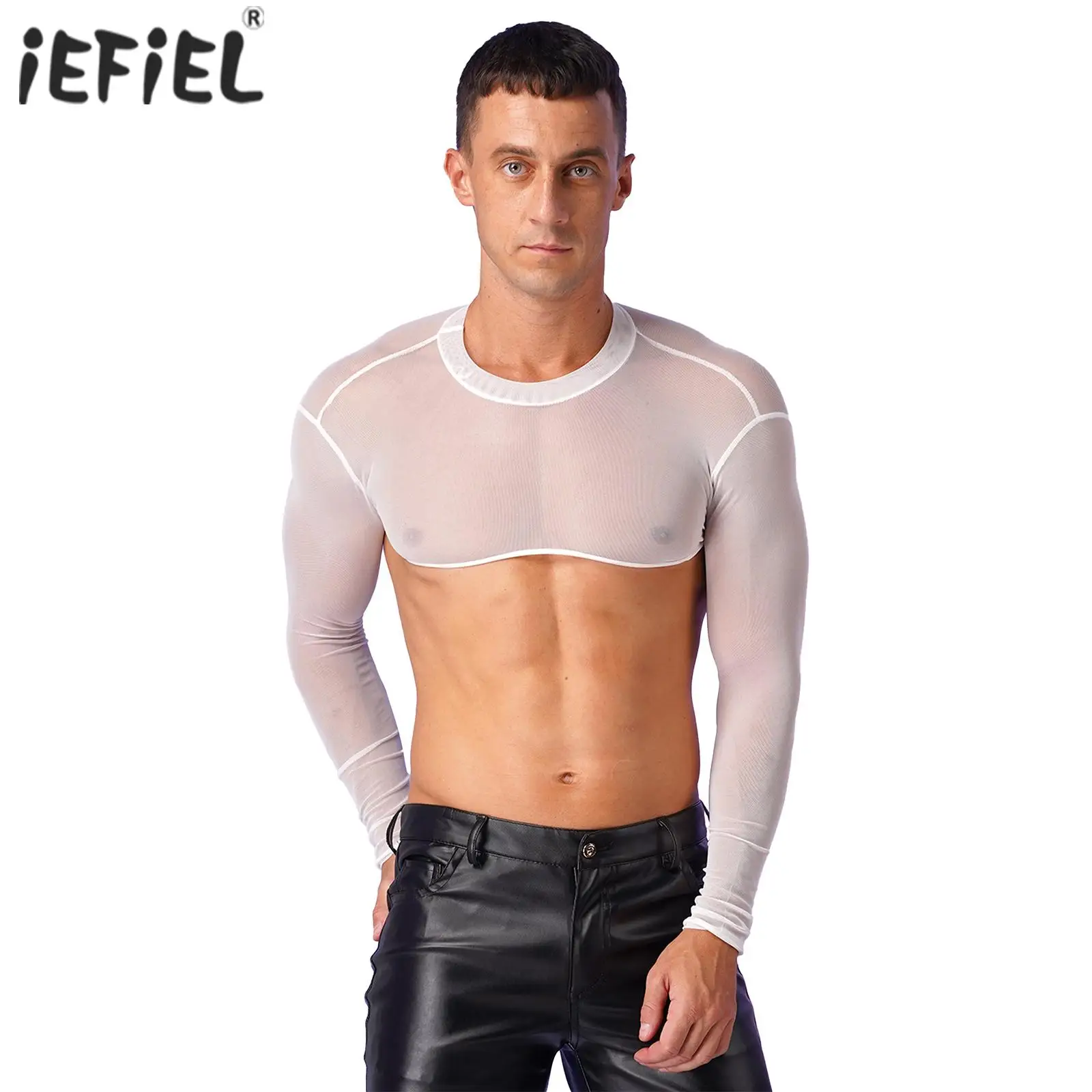 Mens See-through Mesh Crop Top Mock Neck Cover Ups Beachwear Stage Show Rave Costume Long Sleeve Bodybuilding T-shirt Tops