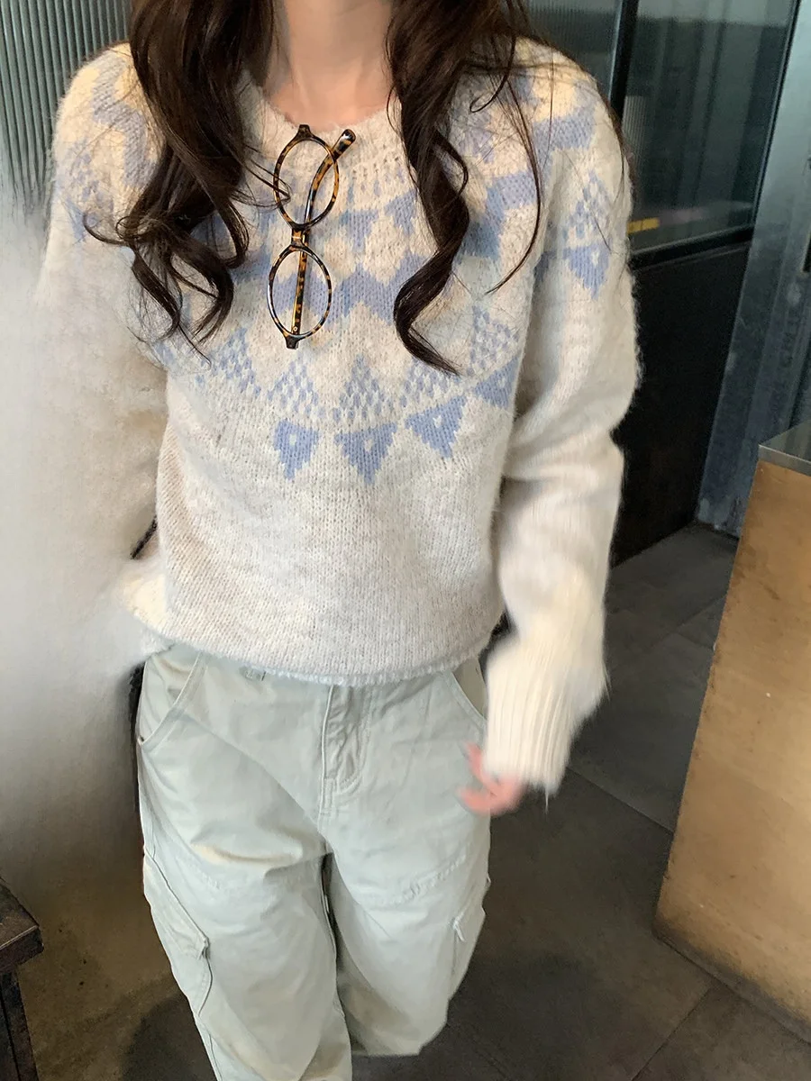 

Lazy Style Knitted Sweater round Neck Pullover Fair Isle Pattern Spring 2026 Women's Loose Fit Long Sleeve Knitted Top