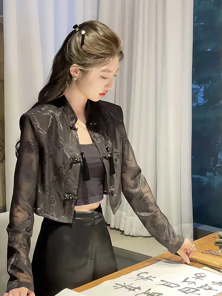 Camisa de Proteção Solar Bordada para Mulheres, Estilo Coreano, Com Botões, Ajuste Solto, Comprimento Longo