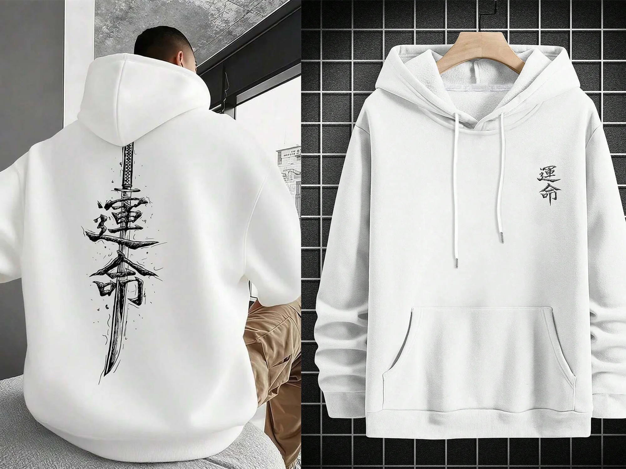 الرجال كانجي مصير كاتانا الساموراي هوديي اليابانية إلكتروني طباعة الشارع الشهير المتضخم كنزة صوف أسود الخريف الشتاء #2