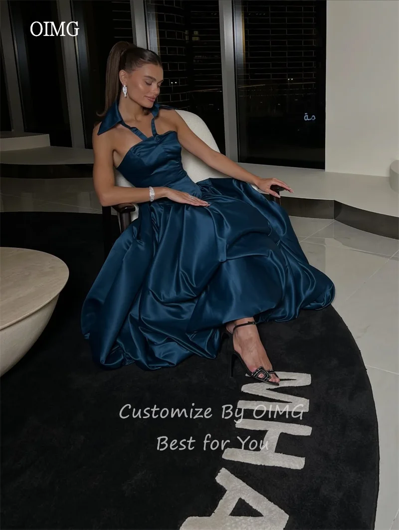 Oimg azul real halter uma linha vestidos de baile cetim sem costas vestido de festa até o chão vestido de noite vestidos de gala personalizado