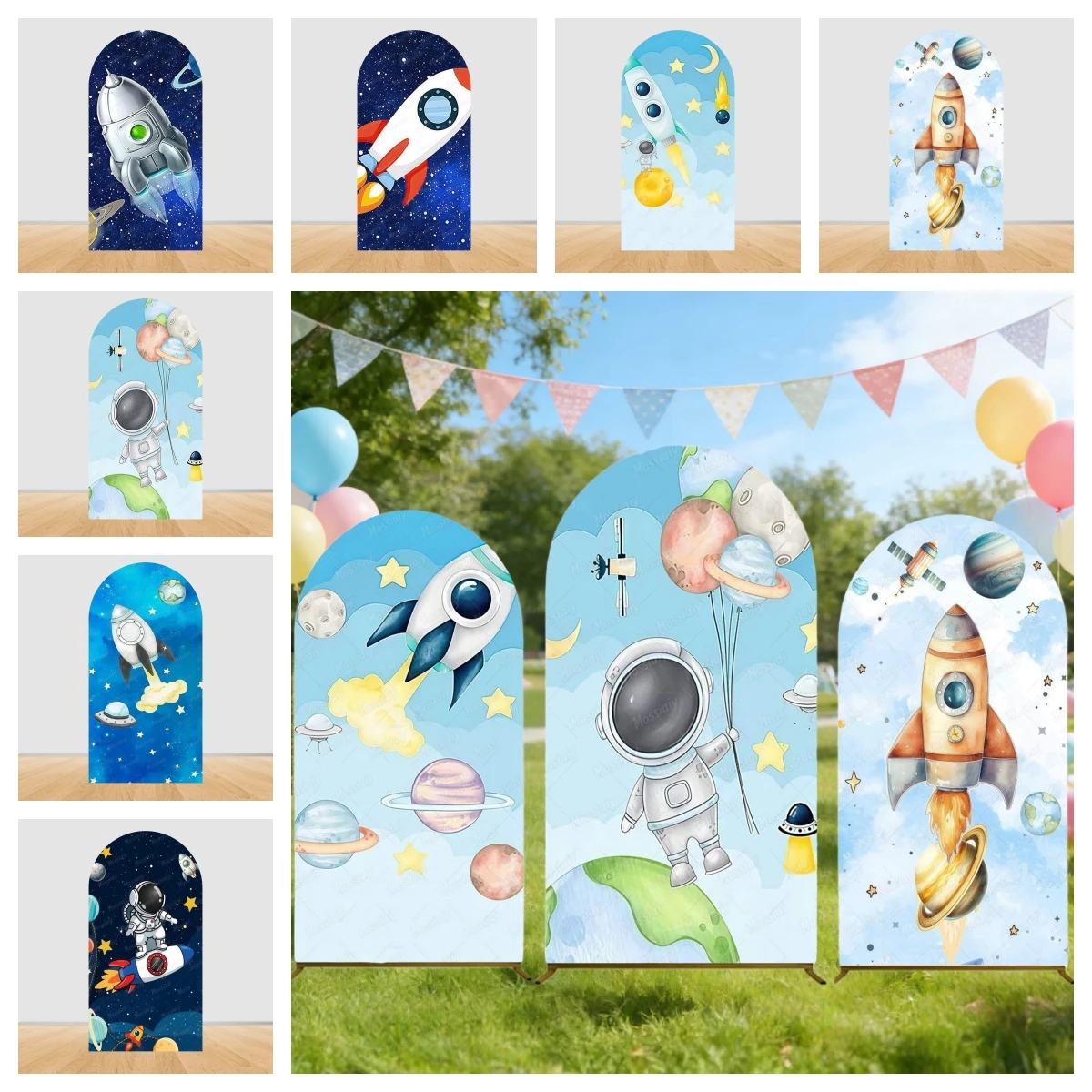 

Space Rocket Astronaut Theme Boy Birthday Arched Background Soft Elastic Fabric Baby Bath Party Decoration Photo Studio Supplies